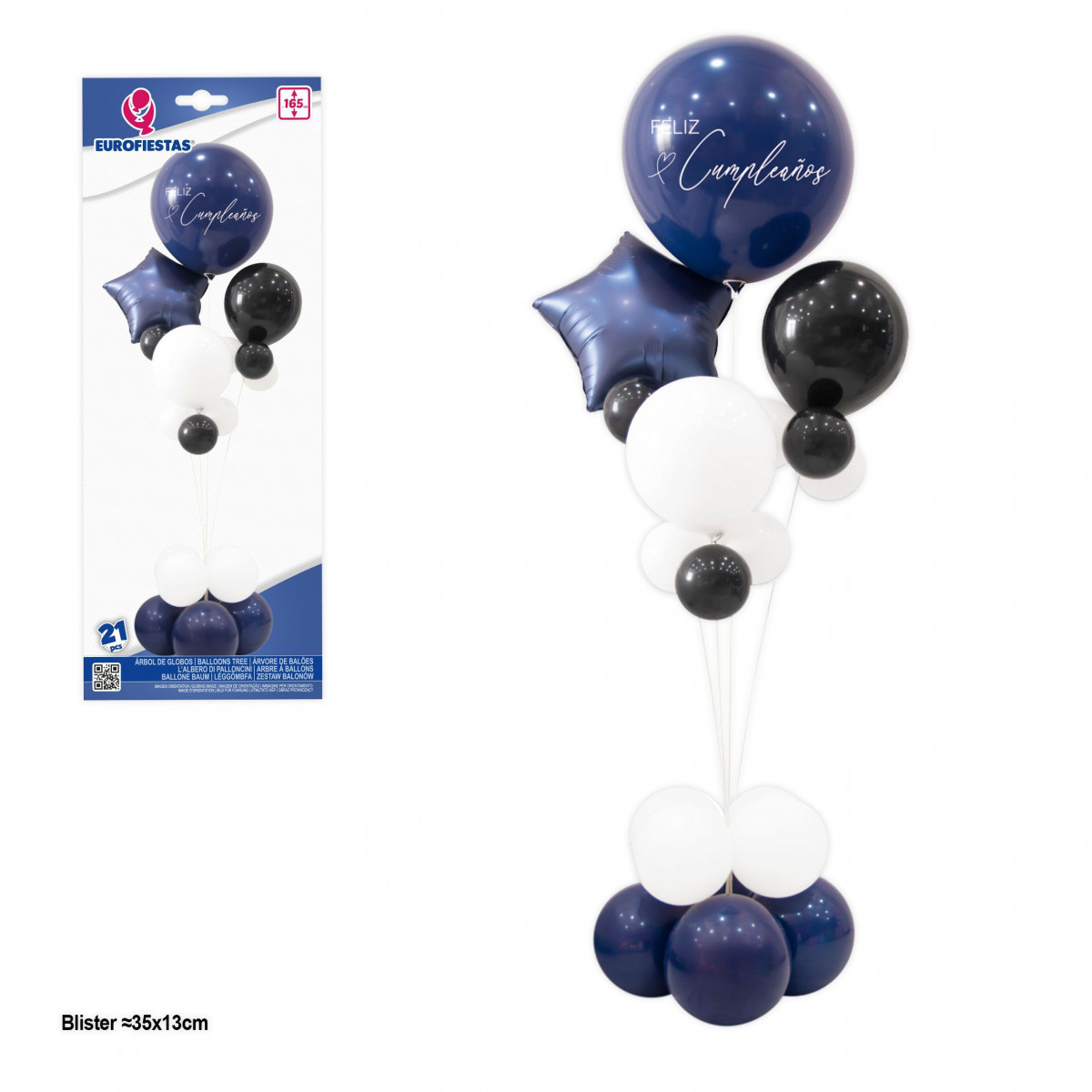 Arbre de ballons joyeux anniversaire avec étoile bleu marine.