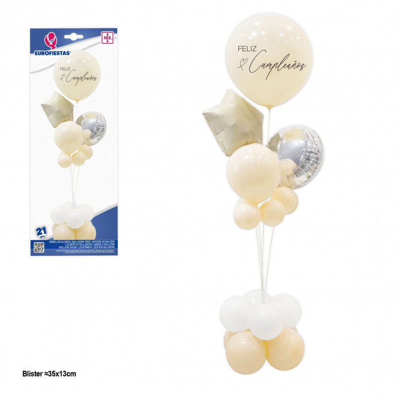 Arbre de ballons joyeux anniversaire avec étoile beige.