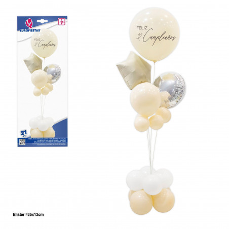 Arbre de ballons joyeux anniversaire avec étoile beige.