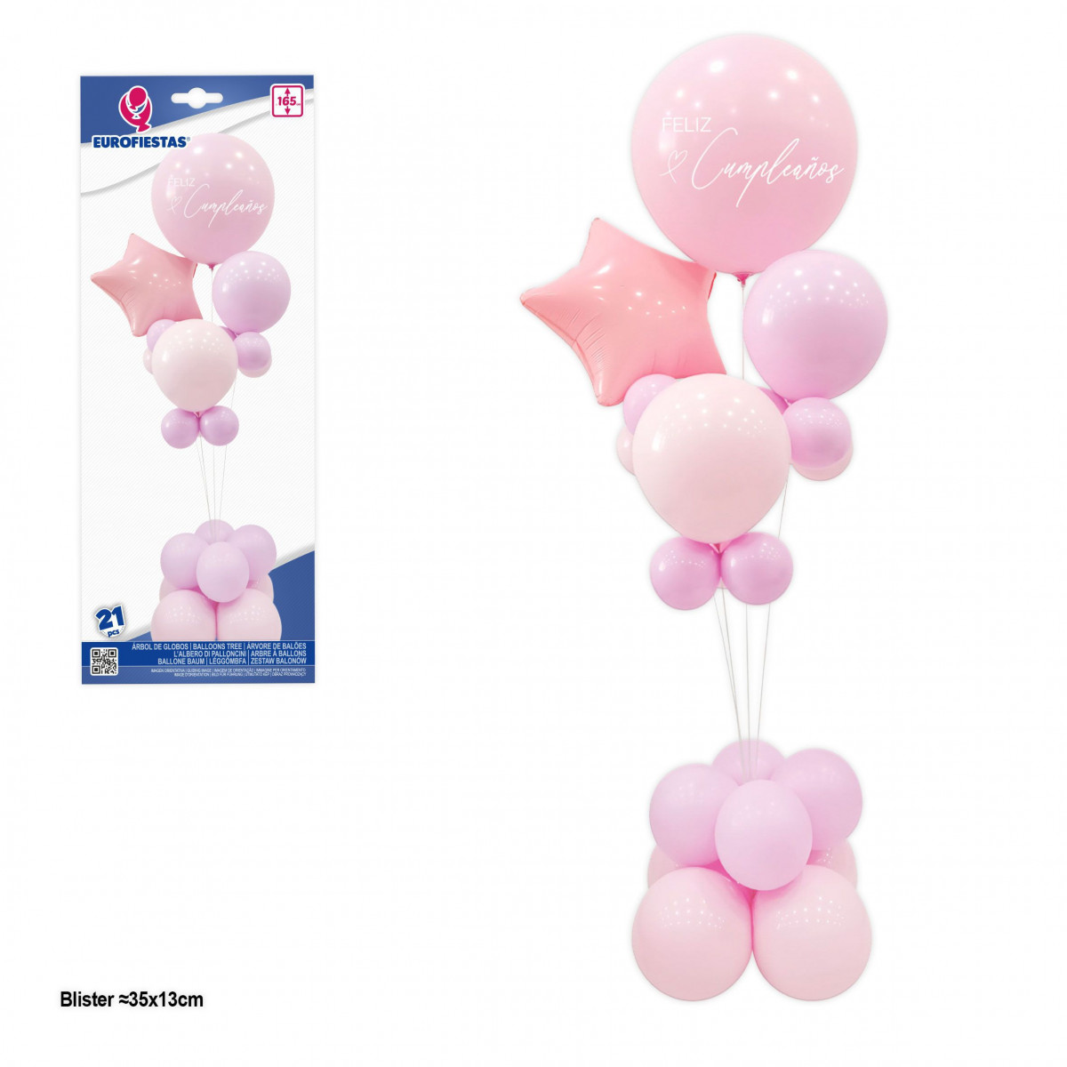 Arbre de ballons joyeux anniversaire avec étoile rose.