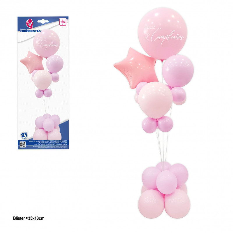 Arbre de ballons joyeux anniversaire avec étoile rose.