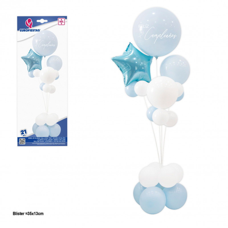 Arbre ballon joyeux anniversaire avec étoile bleu clair