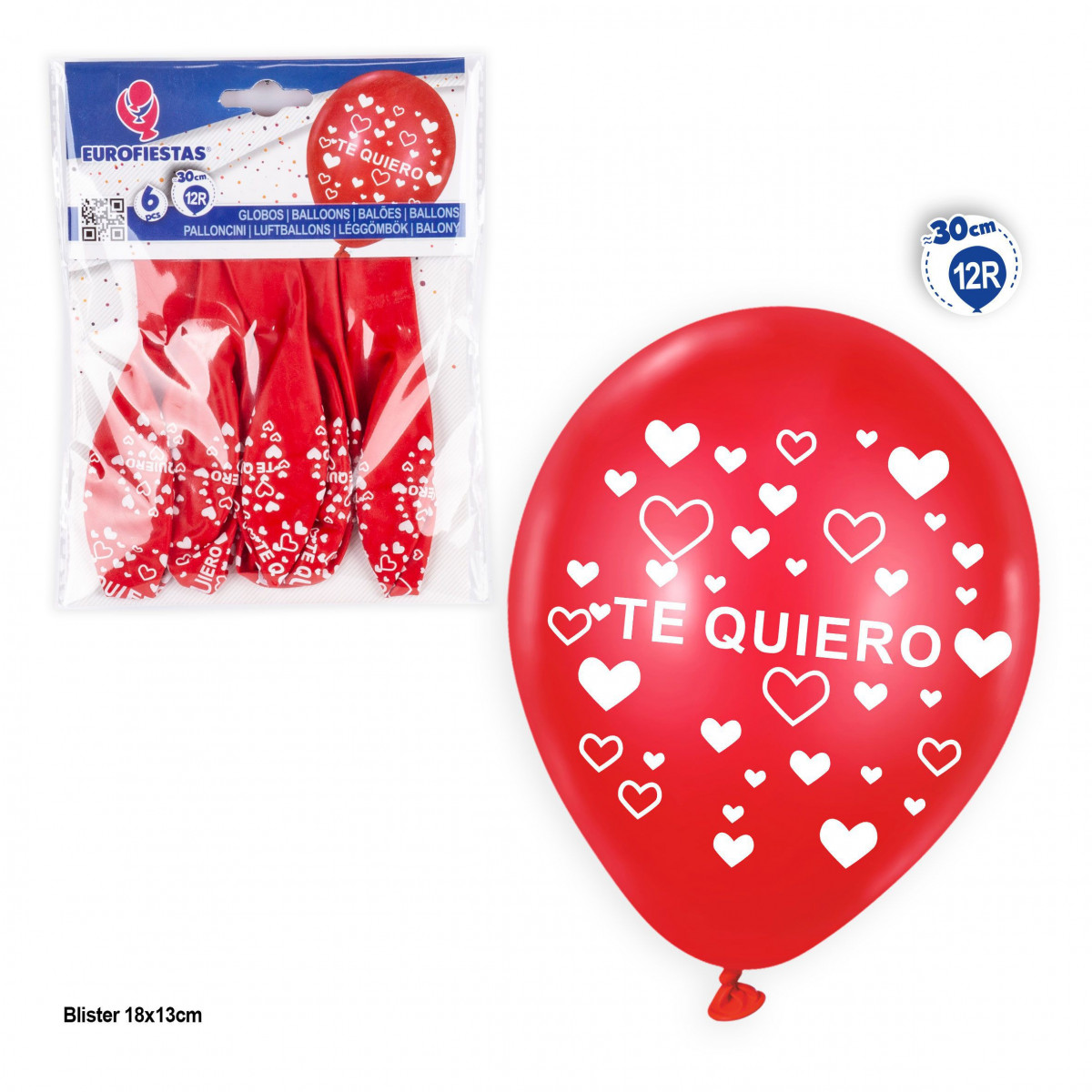 Ballons 12r 6pcs rouge imprimé Je t'aime coeurs blanc