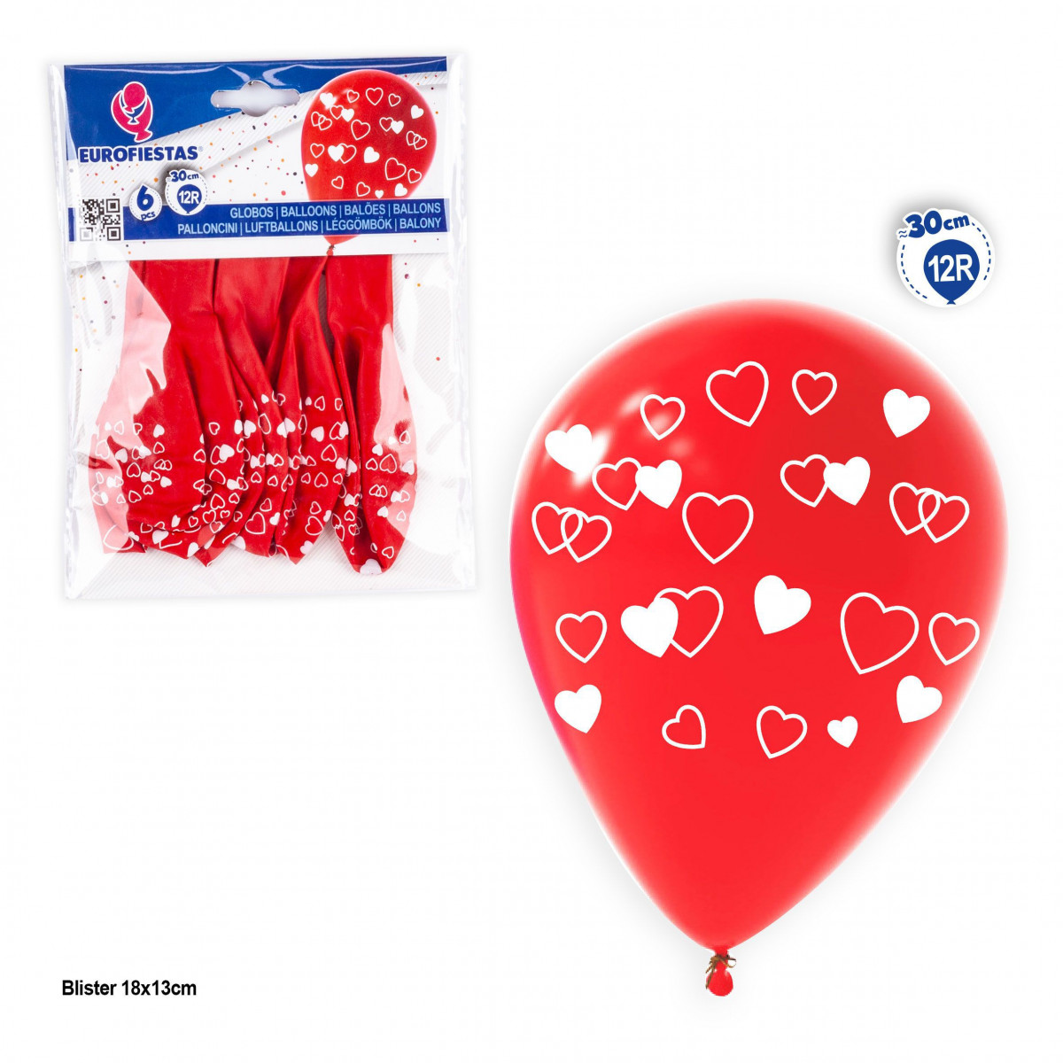 Ballons 12r 6pcs rouge imprimé cœurs creux et pleins blancs.