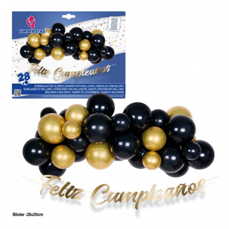 Ensemble de ballons nuage 28pcs noir et or avec guirlande joyeux anniversaire or.