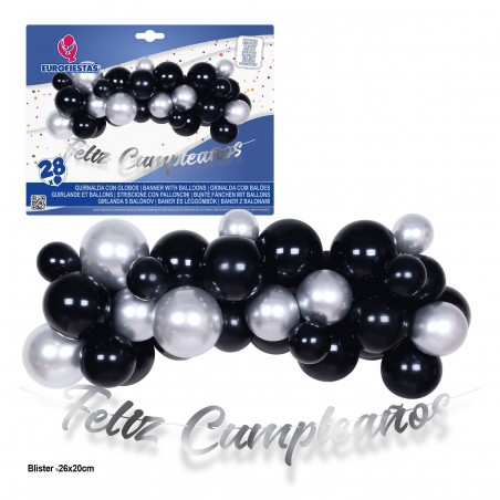 Ensemble nuage de 28 ballons noirs et argentés avec guirlande de joyeux anniversaire argentée