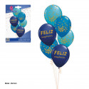 Lot de 6 ballons bleus avec divers imprimés dorés et joyeux anniversaire