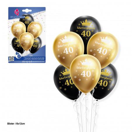 Ensemble de ballons 12r 6pcs or et noir joyeux anniversaire 40