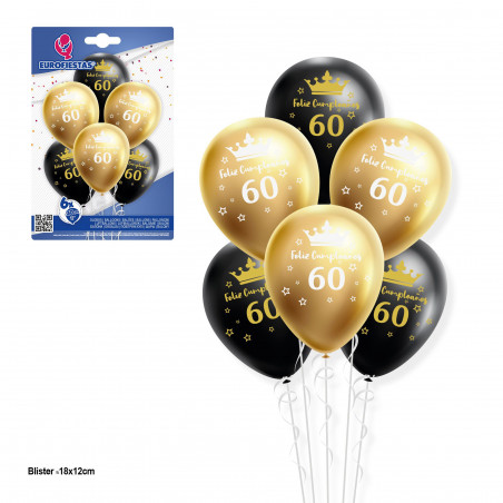 Ensemble de ballons 12r 6pcs or et noir joyeux anniversaire 60