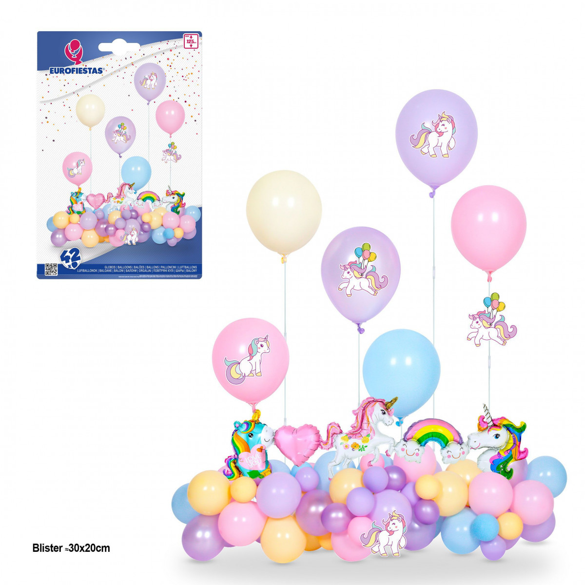 Set de 42 ballons licornes 6 supports max 125cm