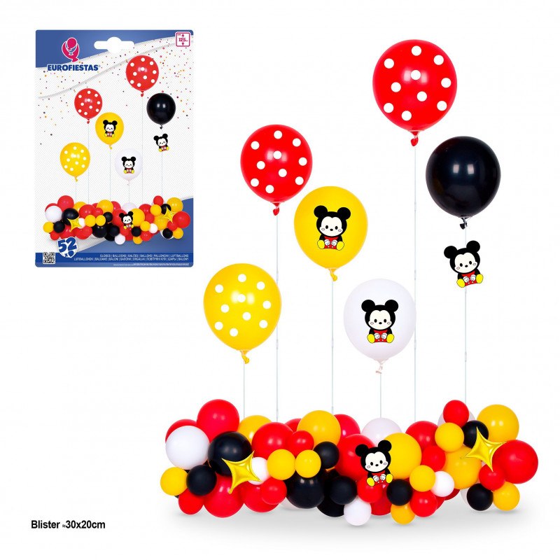 Ensemble de 52 ballons souris rouge, jaune et noir, 6 supports max 125 cm.
