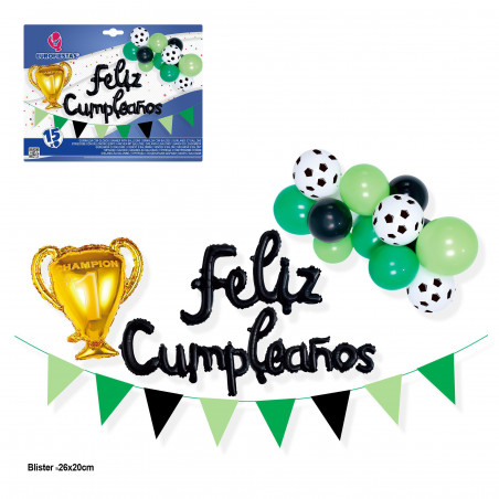 Ensemble de 15 ballons joyeux anniversaire football coupe nuage et guirlande fanions.