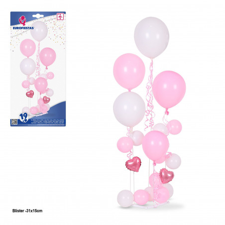 Ensemble de 19 ballons rose et blanc, 5 supports max 80 cm.
