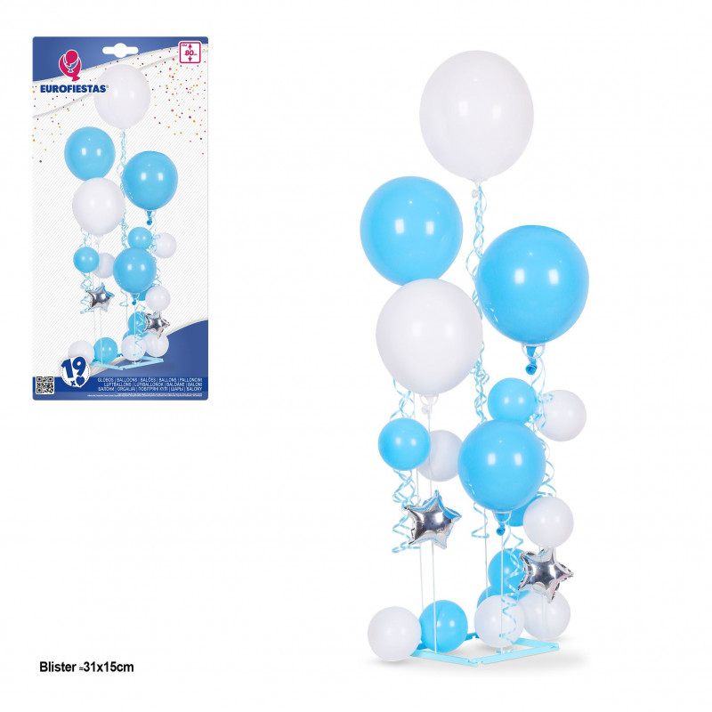 Ensemble de 19 ballons bleu et blanc, 5 supports max 80 cm.