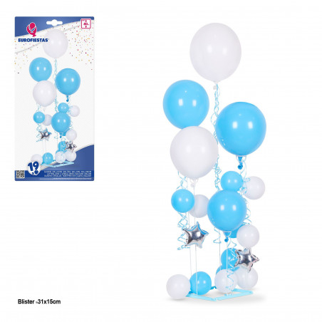 Lot de 19 ballons bleus et blancs 5 supports max 80cm