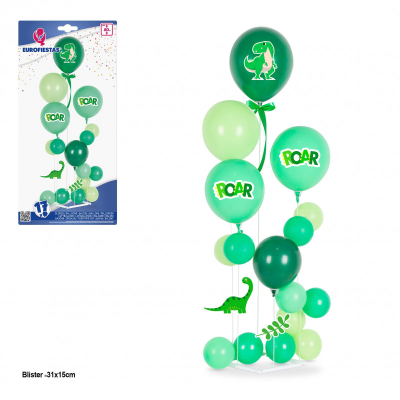 Lot de 17 ballons rugissants de dinosaures, 5 supports, max 80 cm