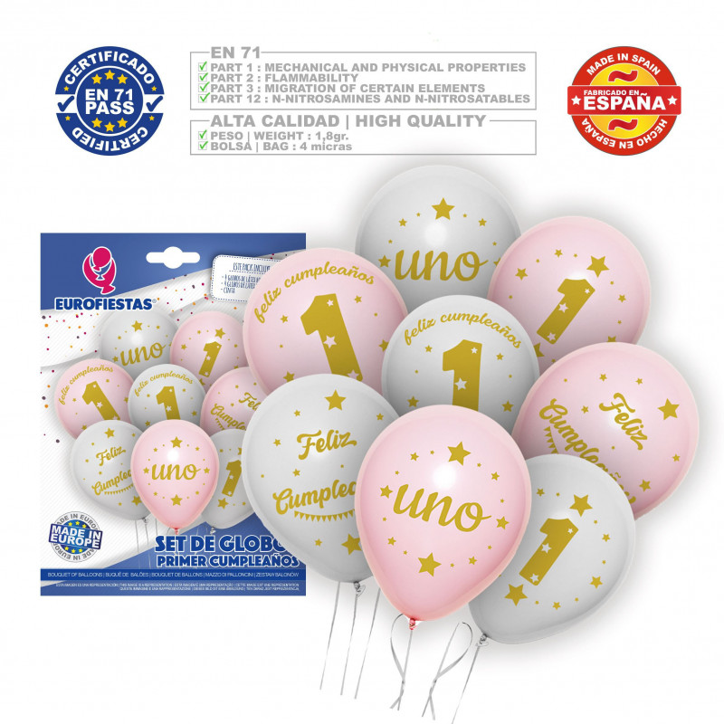 Ensemble de ballons roses et blancs pour le premier anniversaire