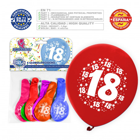 Ballon couleurs assorties 9r numéro 18 imprimé6 unités