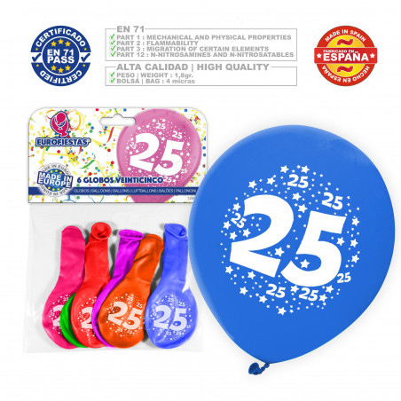 Ballon couleurs assorties 9r numéro 25 imprimé6 unités