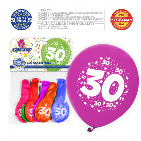 Ballon couleurs assorties 9r numéro 30 imprimé6 unités