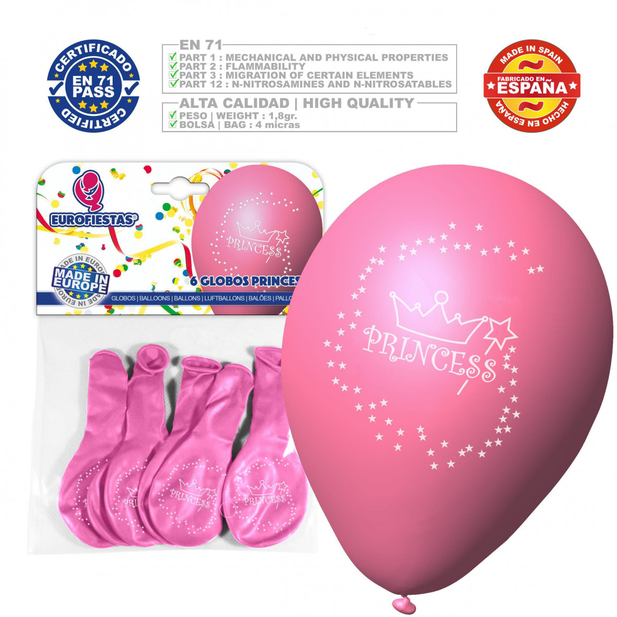 Ballon couleurs assorties 9r princesse imprimé 6 unités