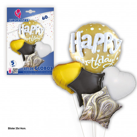 Ensemble de ballons joyeux anniversaire cœurs et étoiles.