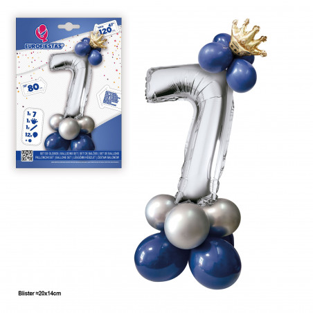 Set de ballons en aluminium couronne 80cm 7 bleu argenté