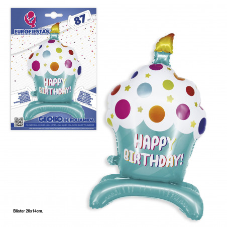 Ballon en foil joyeux anniversaire cupcake tarte à pois bleus