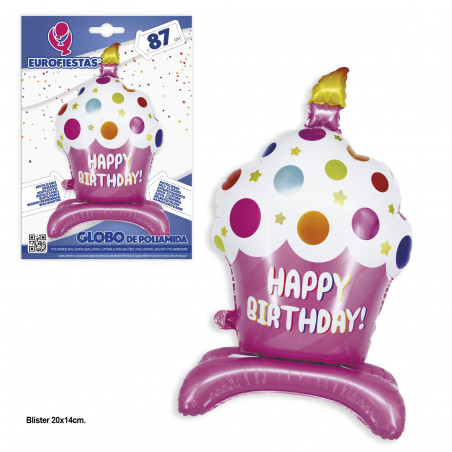 Ballon en foil joyeux anniversaire cupcake tarte pois roses