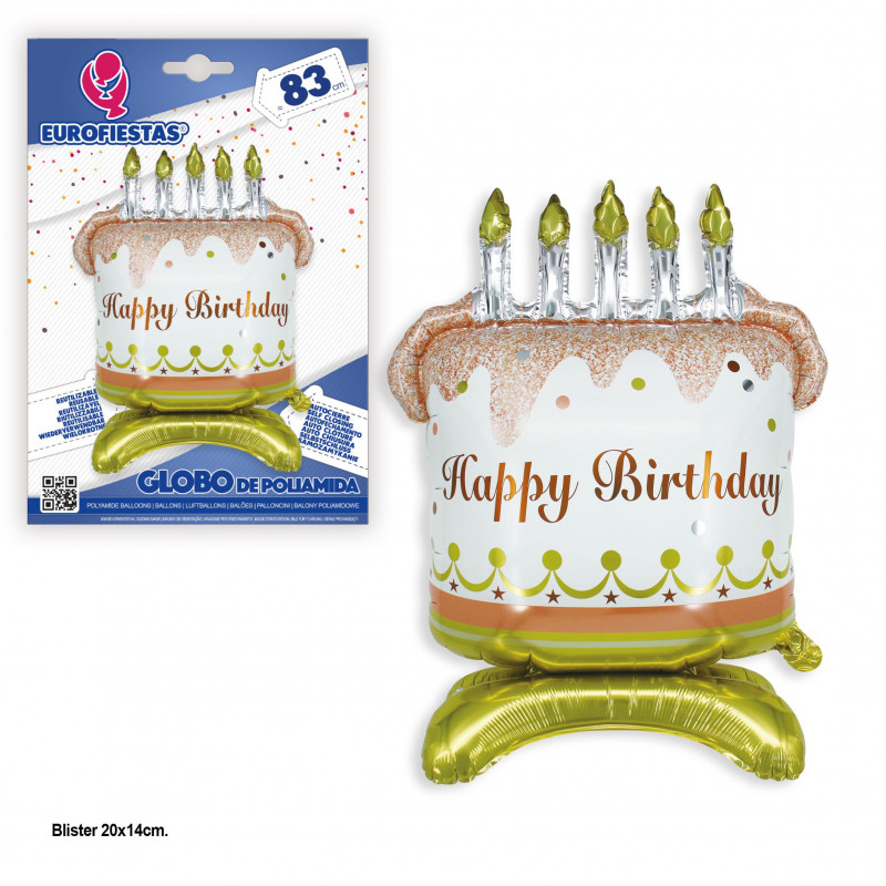 Ballon en foil joyeux anniversaire gâteau 5 pieds or