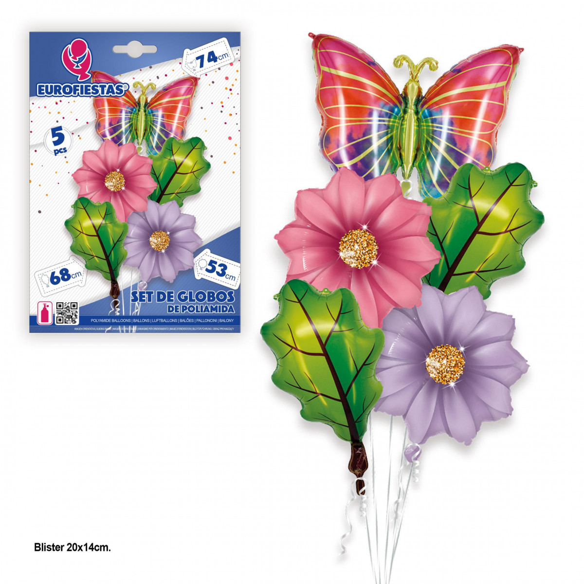 Ensemble de ballons, fleurs, feuilles et papillon.