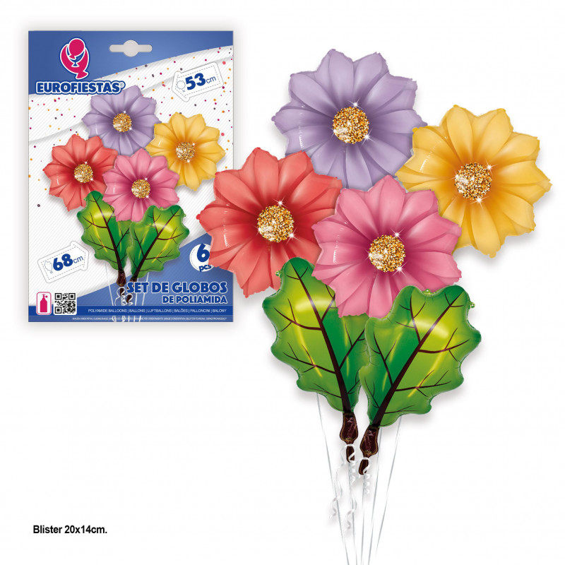 Ensemble de ballons, fleurs et feuilles.