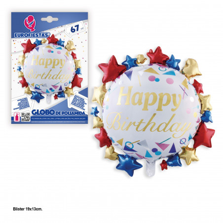 Ballon aluminium happy birthday blanc avec étoiles 67x67cm
