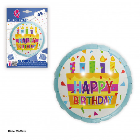 Ballon aluminium 45cm rond gâteau joyeux anniversaire bleu