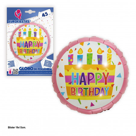 Ballon aluminium 45cm rond gâteau joyeux anniversaire rose