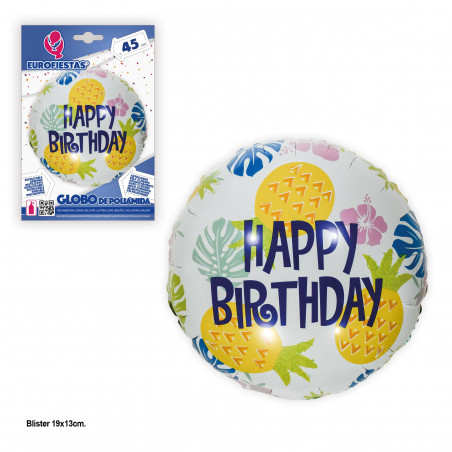 Ballon aluminium 45cm rond happy birthday ananas blanc