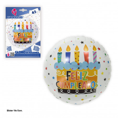 Ballon aluminium 45cm rond gâteau joyeux anniversaire blanc