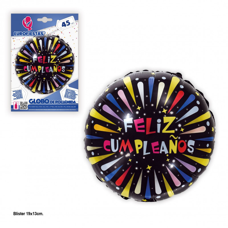 Ballon aluminium 45cm rond joyeux anniversaire feu noir