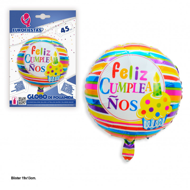 Ballon en foil rond rayures couleurs joyeux anniversaire
