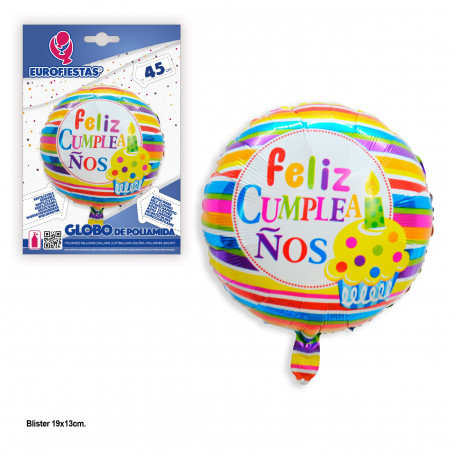 Ballon en foil rond rayures couleurs joyeux anniversaire
