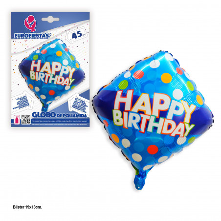 Ballon aluminium en forme de losange bleu joyeux anniversaire