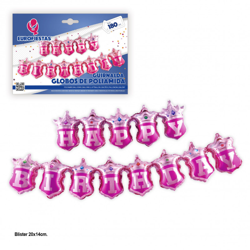 Ballons en foil guirlande joyeux anniversaire écusson rose