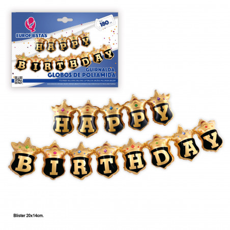 Ballons en foil guirlande joyeux anniversaire écusson noir