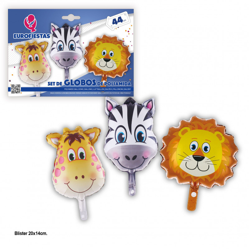 Lot de ballons en aluminium girafe, zèbre et lion de 44 cm