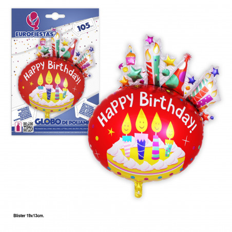 Ballon rond en aluminium bougies joyeux anniversaire rouge 105cm