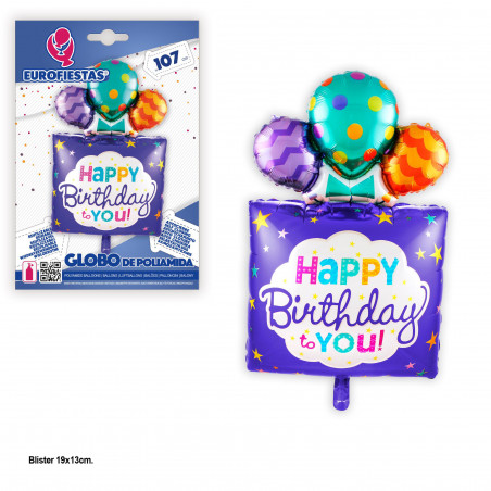 Ballon aluminium cadeau joyeux anniversaire avec ballons bleus 107cm