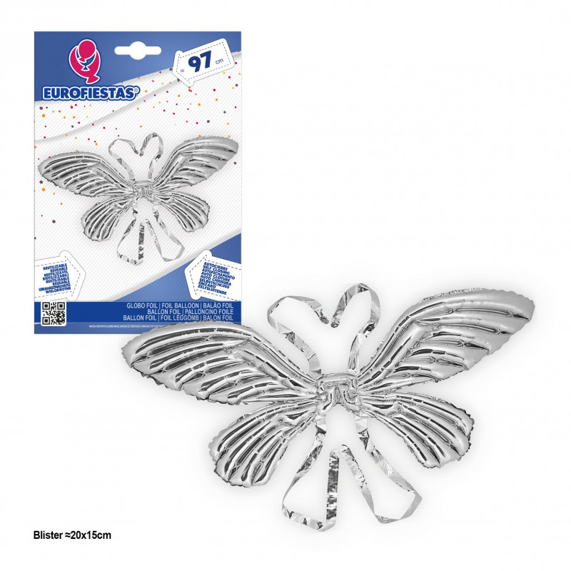 Ballon ailes de papillon en feuille d'argent 97 cm