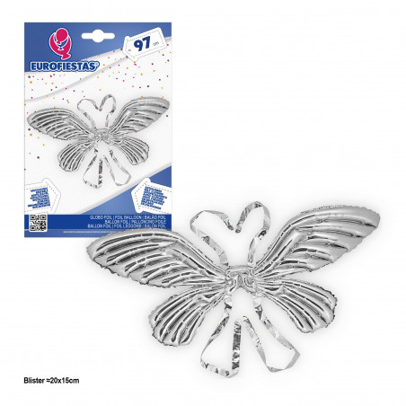 Ballon ailes de papillon en feuille d'argent 97 cm