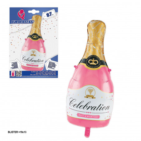 Ballon coeur bouteille de champagne célébration rose 86x44cm