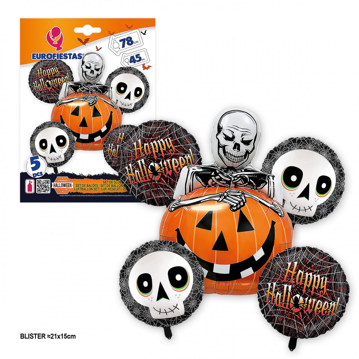 Lot de 5 ballons en aluminium Happy Halloween, citrouille et squelette